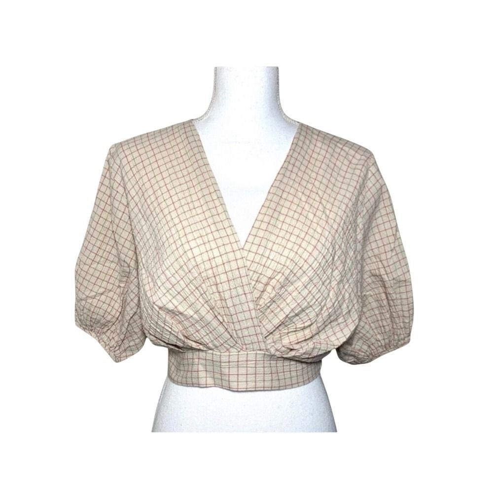 Zara Stripe Crop Top Cotton Linen Blend Women‎ Small Tan Pink Green stripe